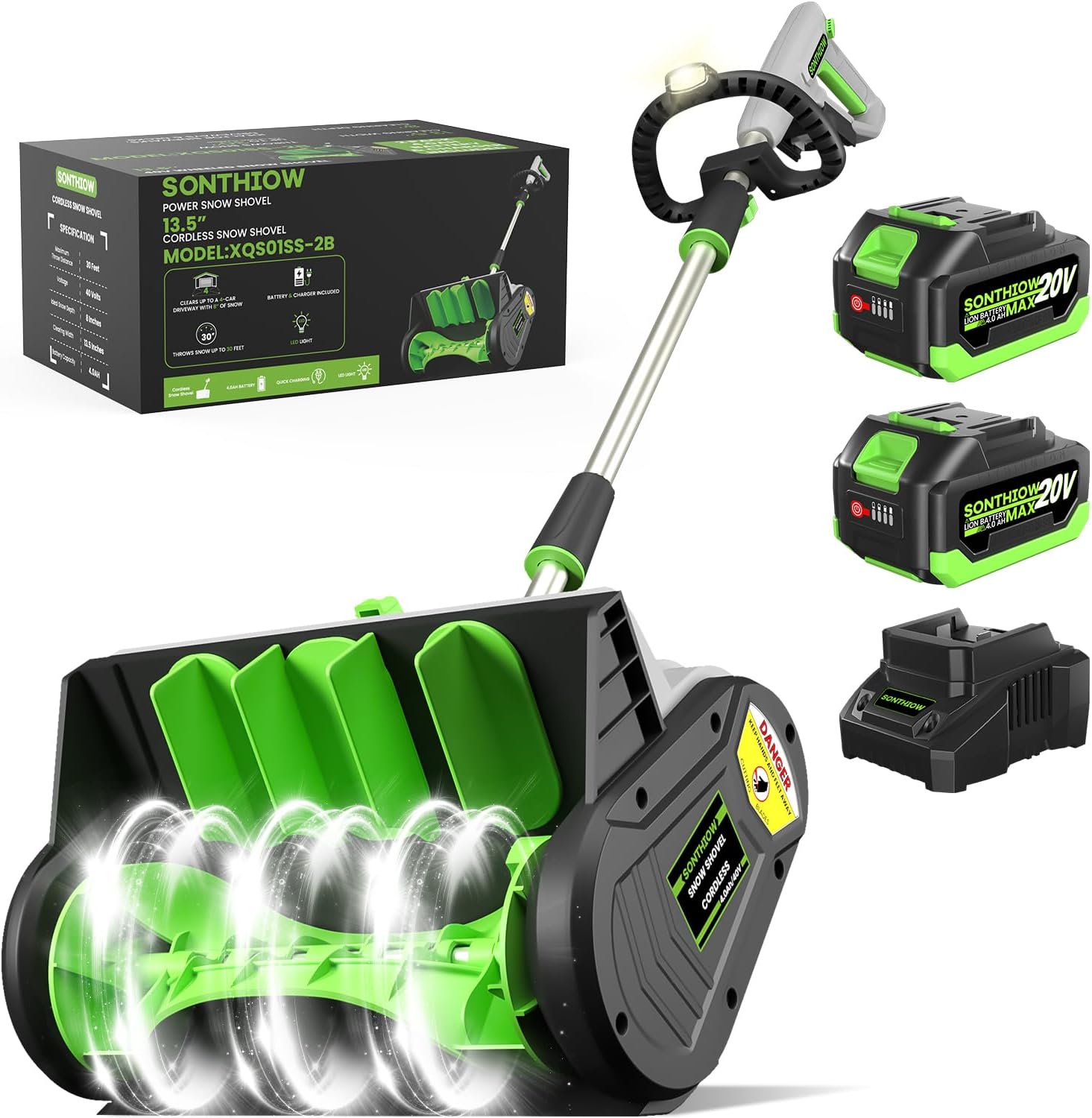 40V Brushless Cordless Snow Shovel, 13.5Inch Electric Snow Blower with 2X 4.0Ah Batteries & Quic Charger, Battery-Powered Snow Removal with 16.5FT Throw Distance for Patio, Deck, Driveway